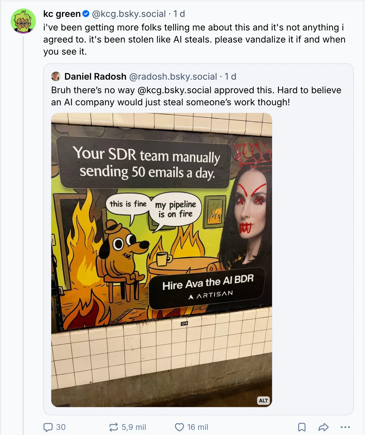Автор "This Is Fine" звинувачує ШІ-стартап у крадіжці мему для реклами Subway 4